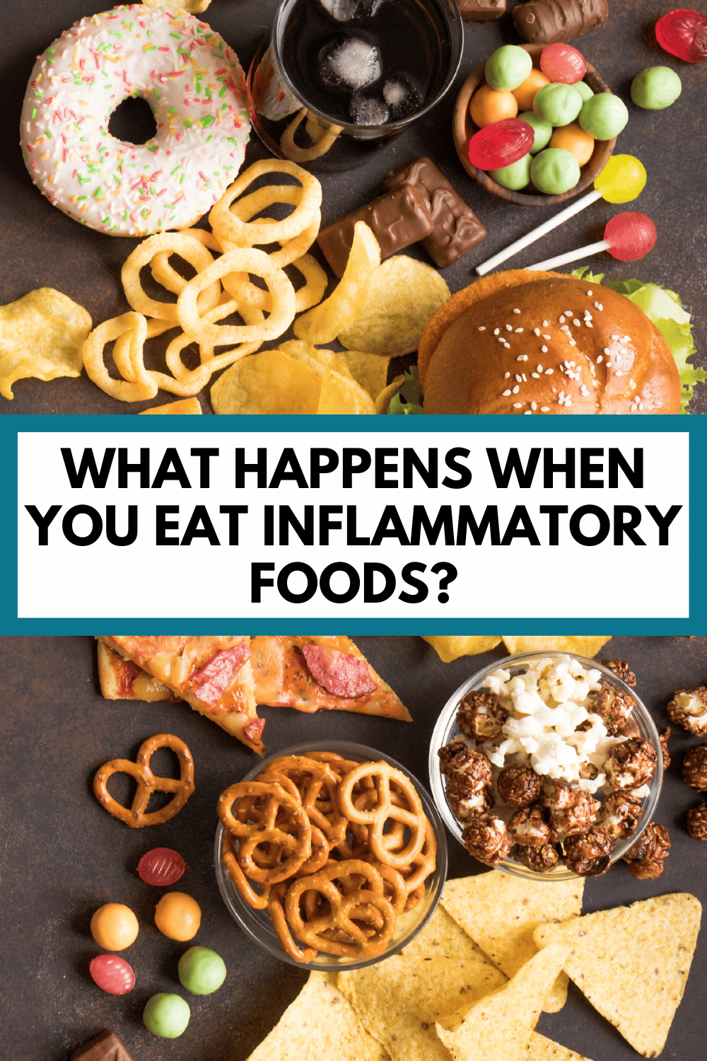 various "junk" foods with text overlay "what happens when you eat inflammatory foods"