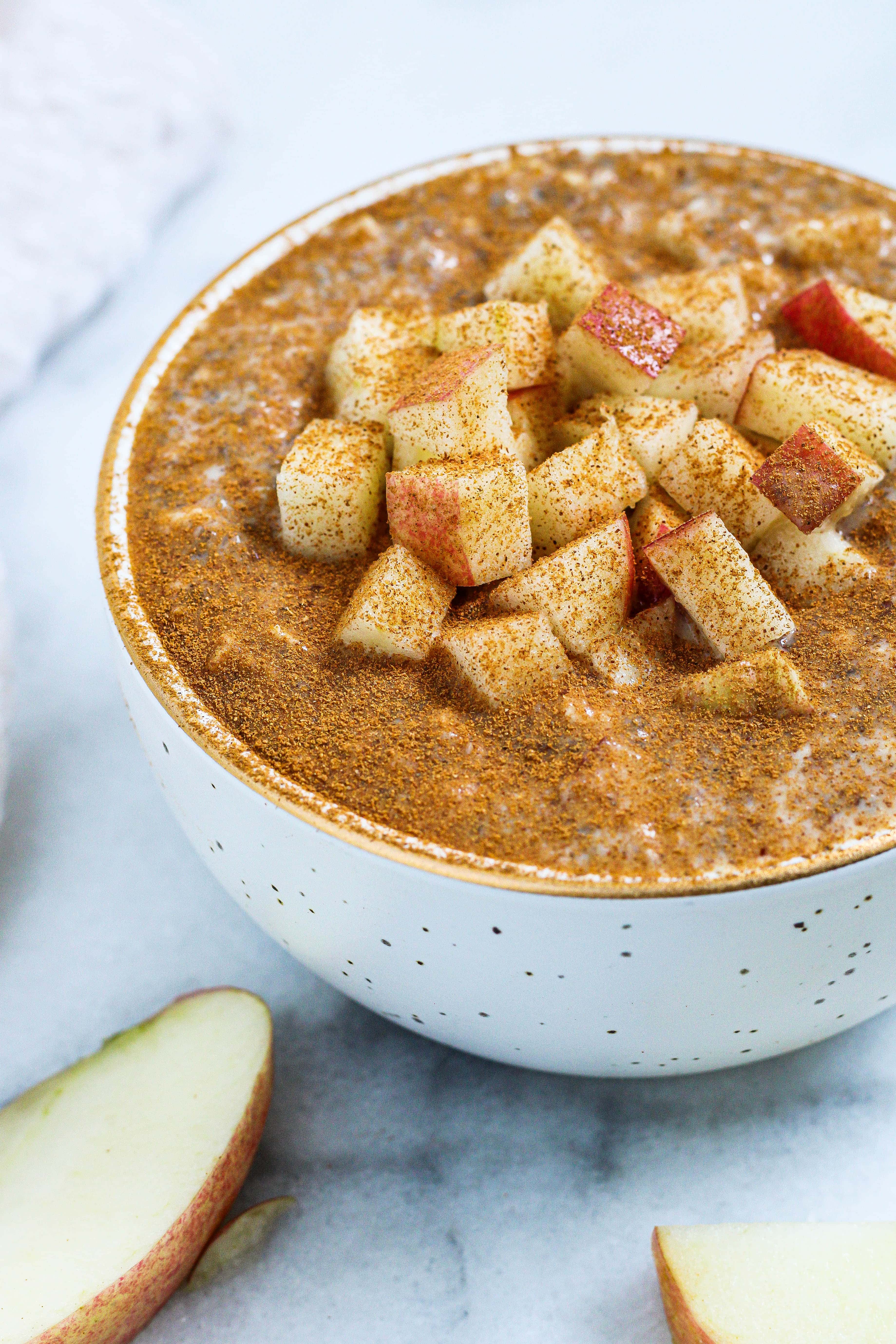 a white bowl with gold specks full of applesauce overnight oats with cinnamon and diced apples on top