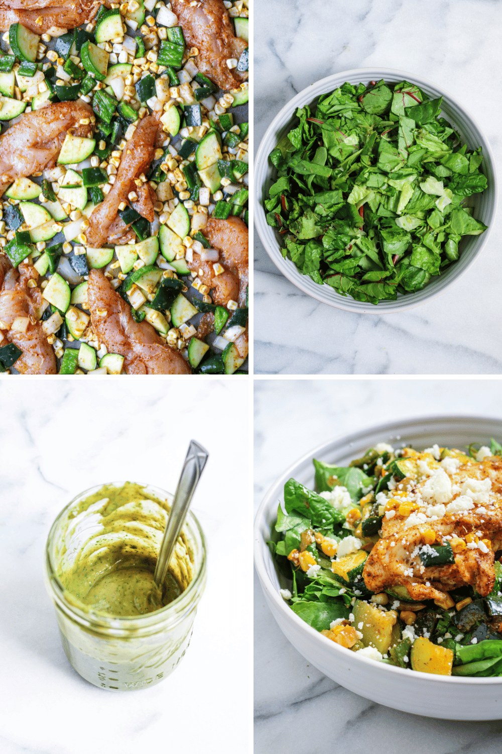 collage depicting various steps of making poblano corn salad with chicken