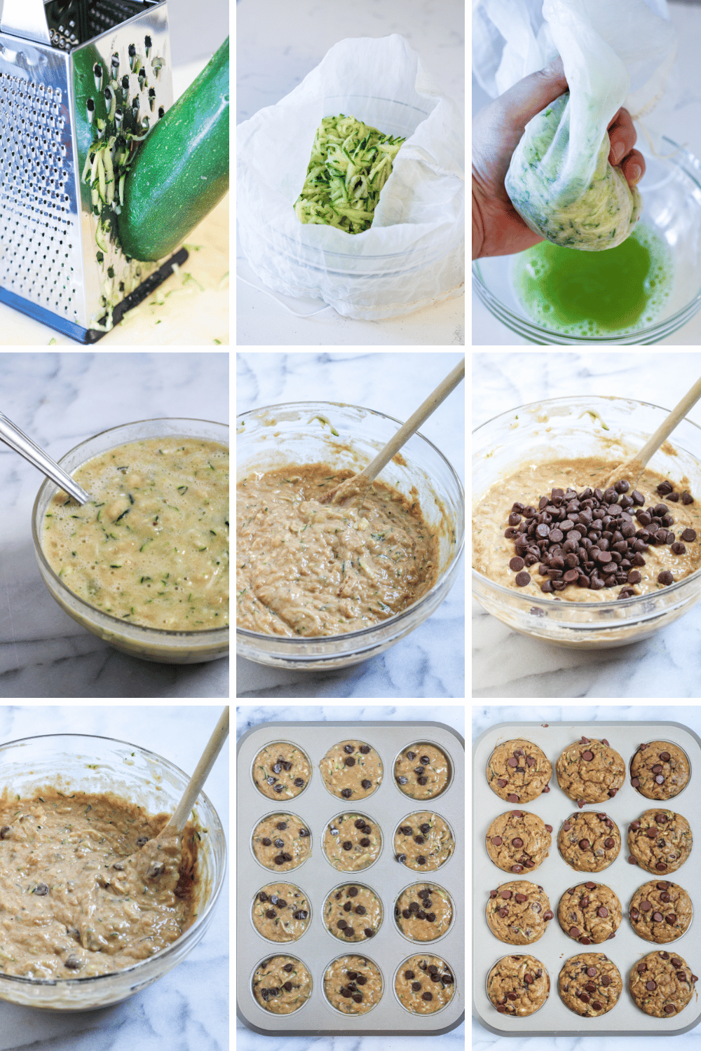 collage depicting steps to make zucchini banana chocolate chip muffins