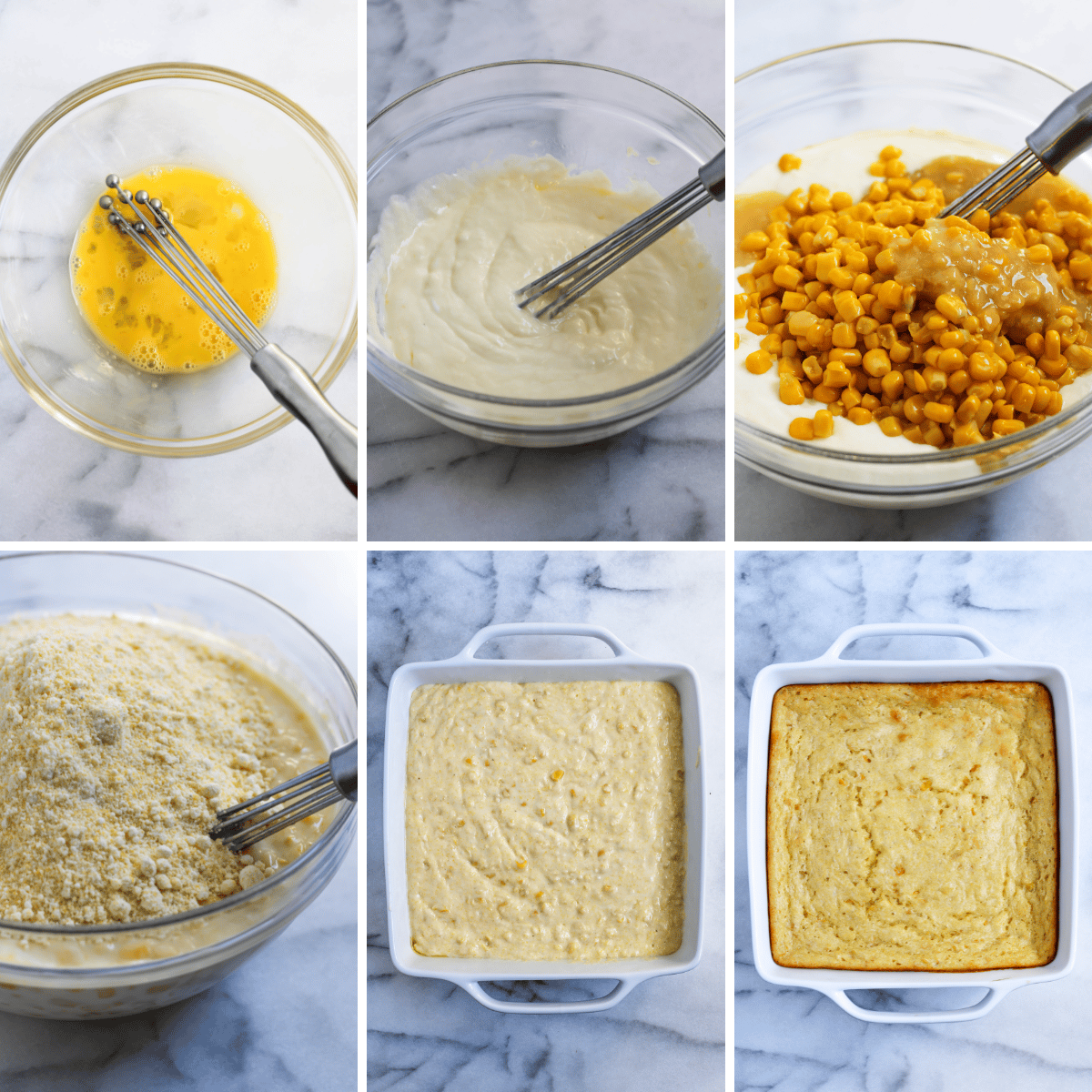 collage of images depicting how to make a healthy-ish corn casserole