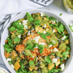a bowl of poblano corn salad with chicken