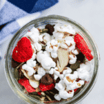 popcorn trail mix with freeze dried strawberries, almonds, pumpkin seeds, and chocolate chips