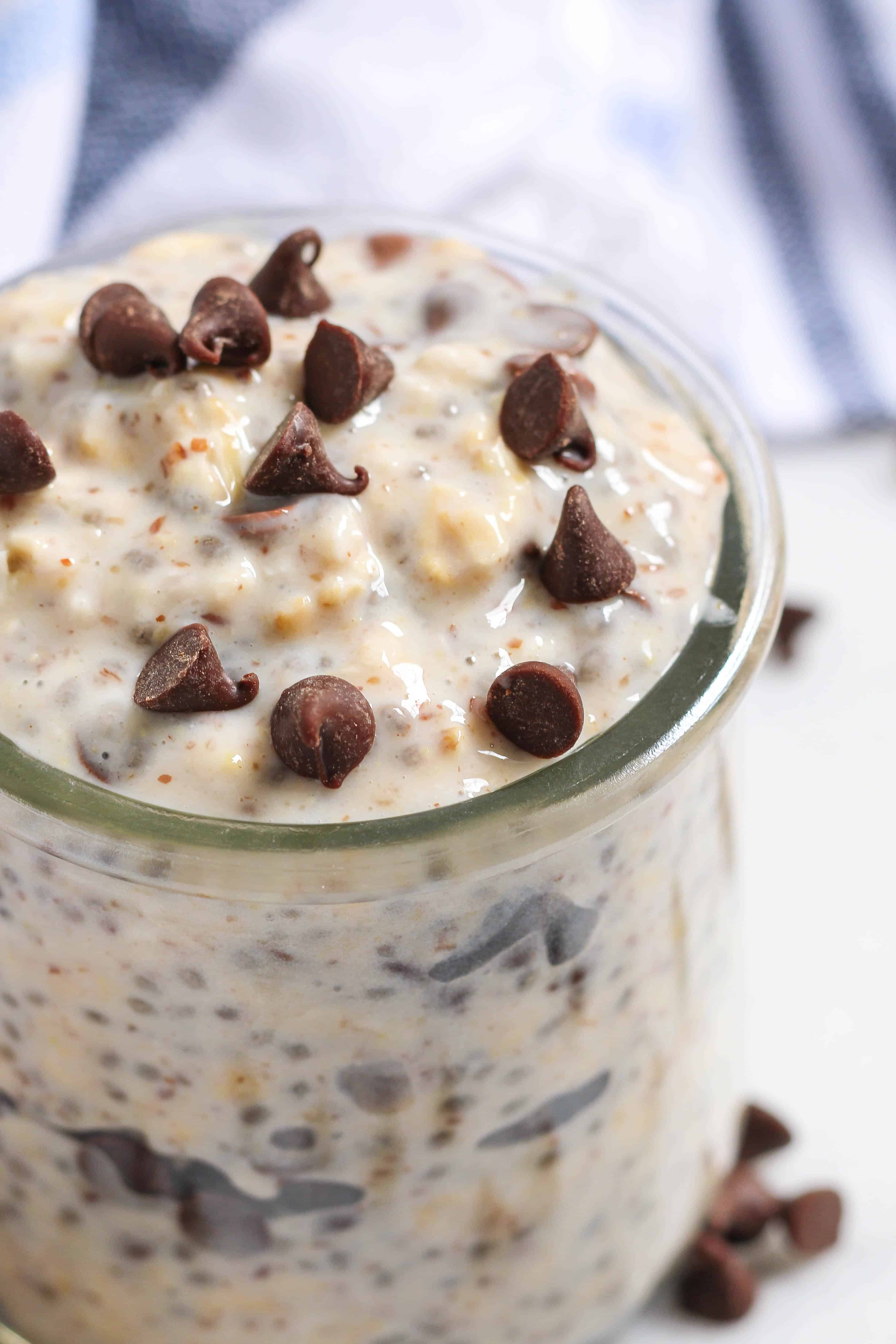 a close up of chocolate chip overnight oats