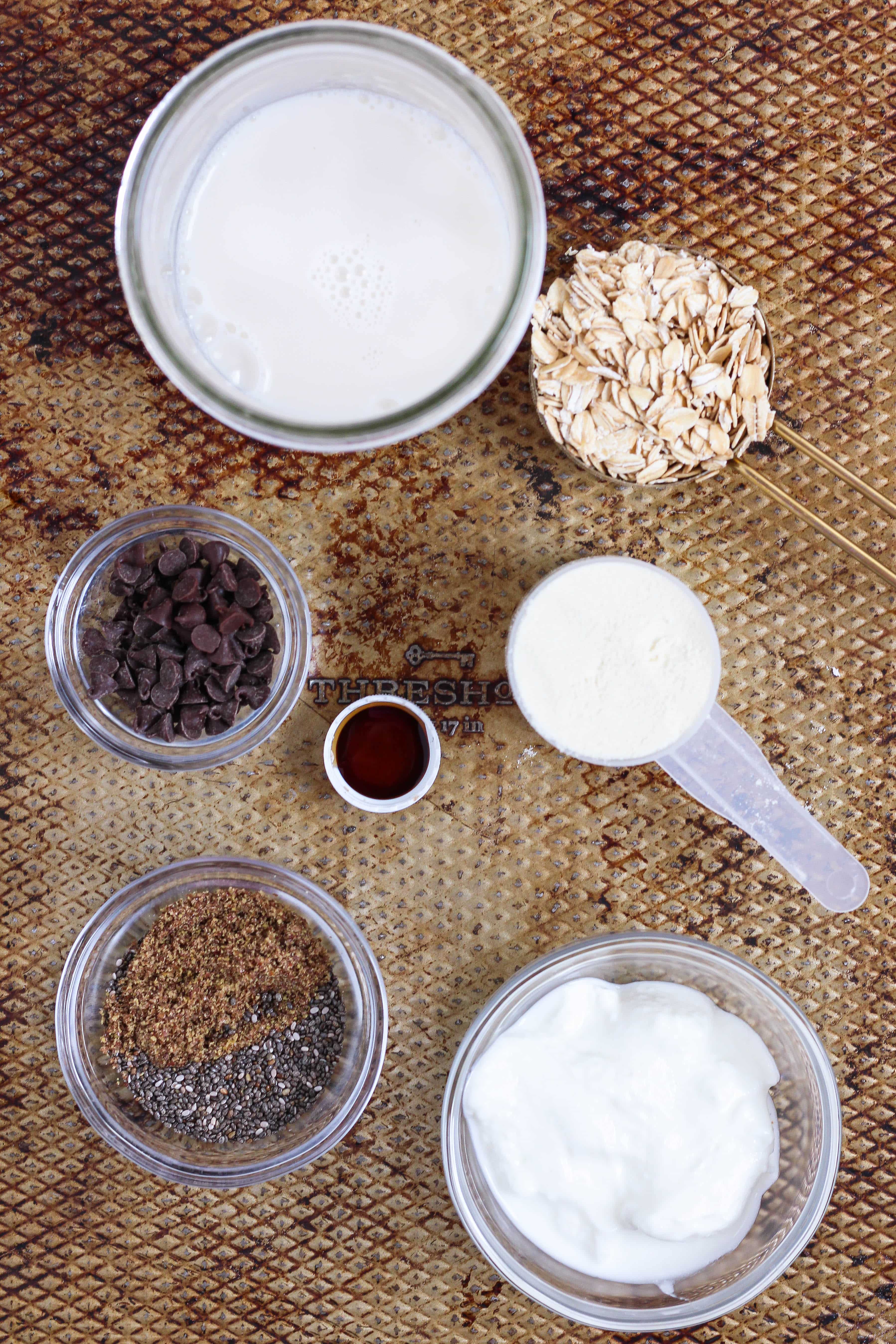 mise en place of ingredients to make chocolate chip cookie dough overnight oats
