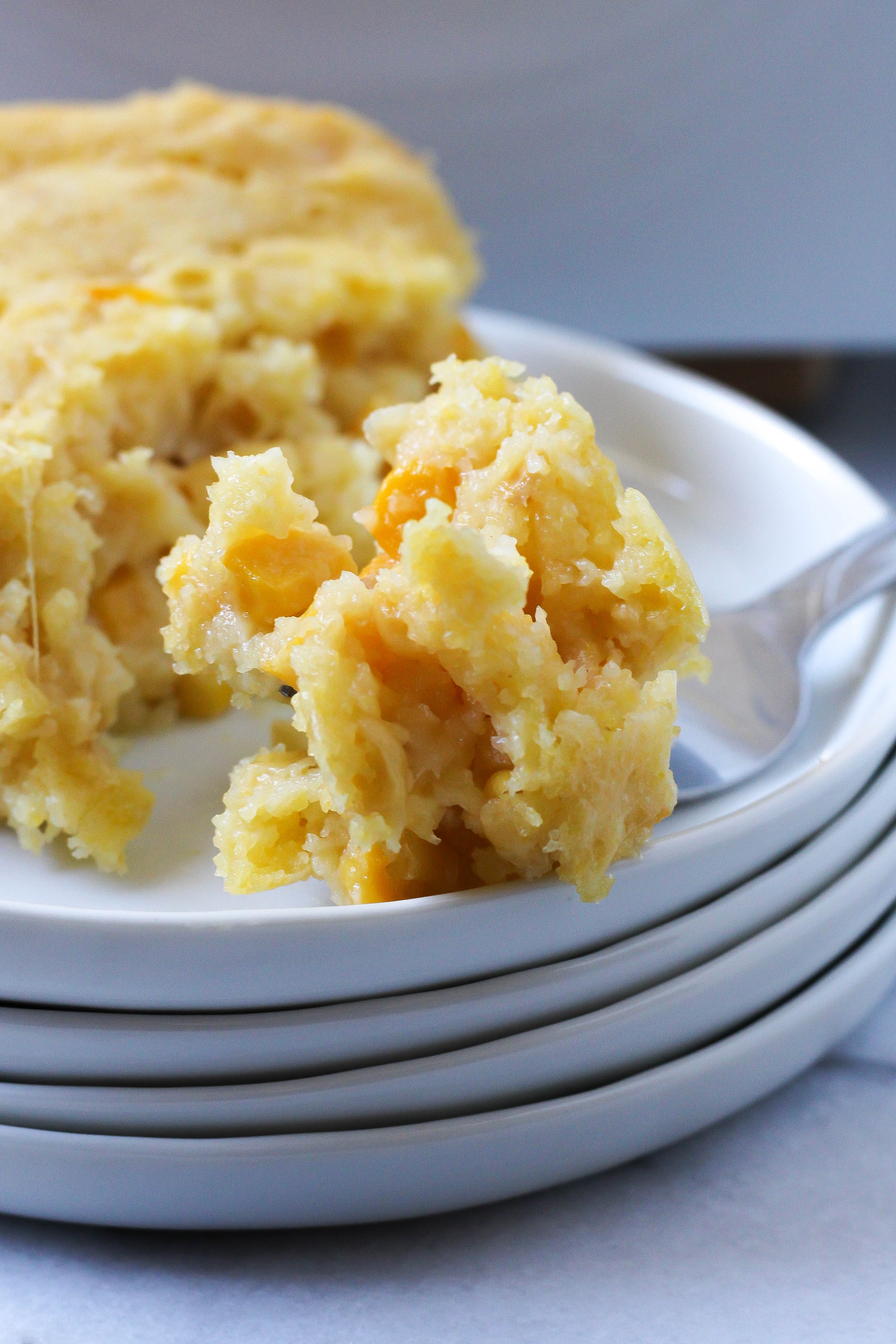 a forkful of healthy corn casserole