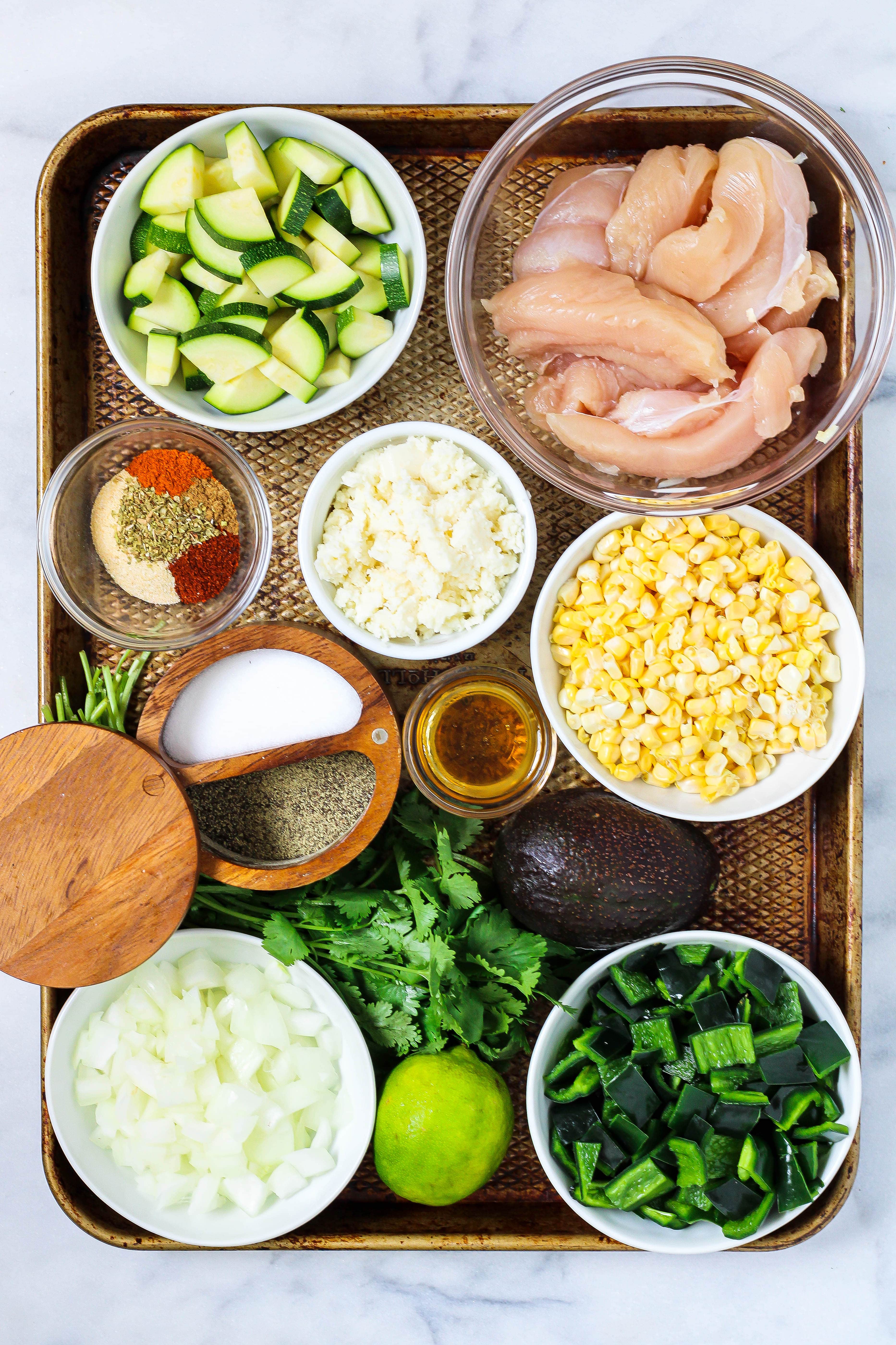 Ingredients to Make Sheet Pan Poblano Corn Salad with Chicken