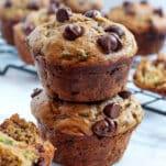 stack of banana zucchini chocolate chip muffins