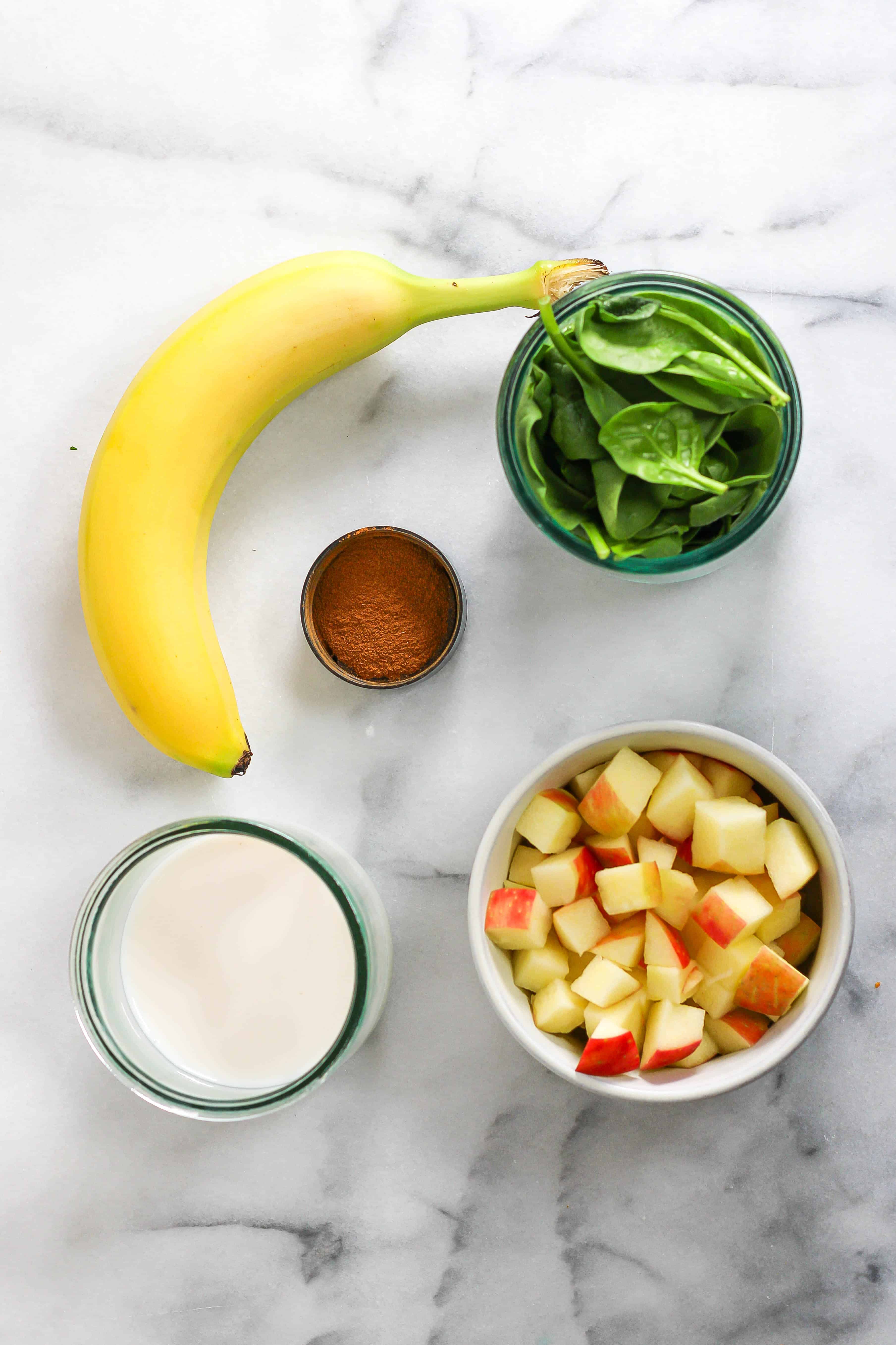 ingredients to make an apple banana spinach smoothie