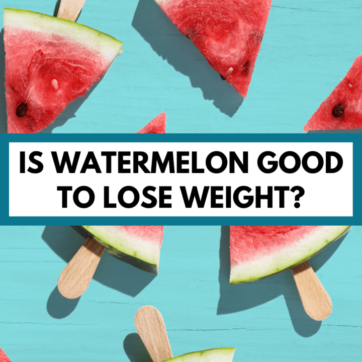 a blue background with watermelon triangles on popsicle sticks with text overlay that reads, "is watermelon good to lose weight?"