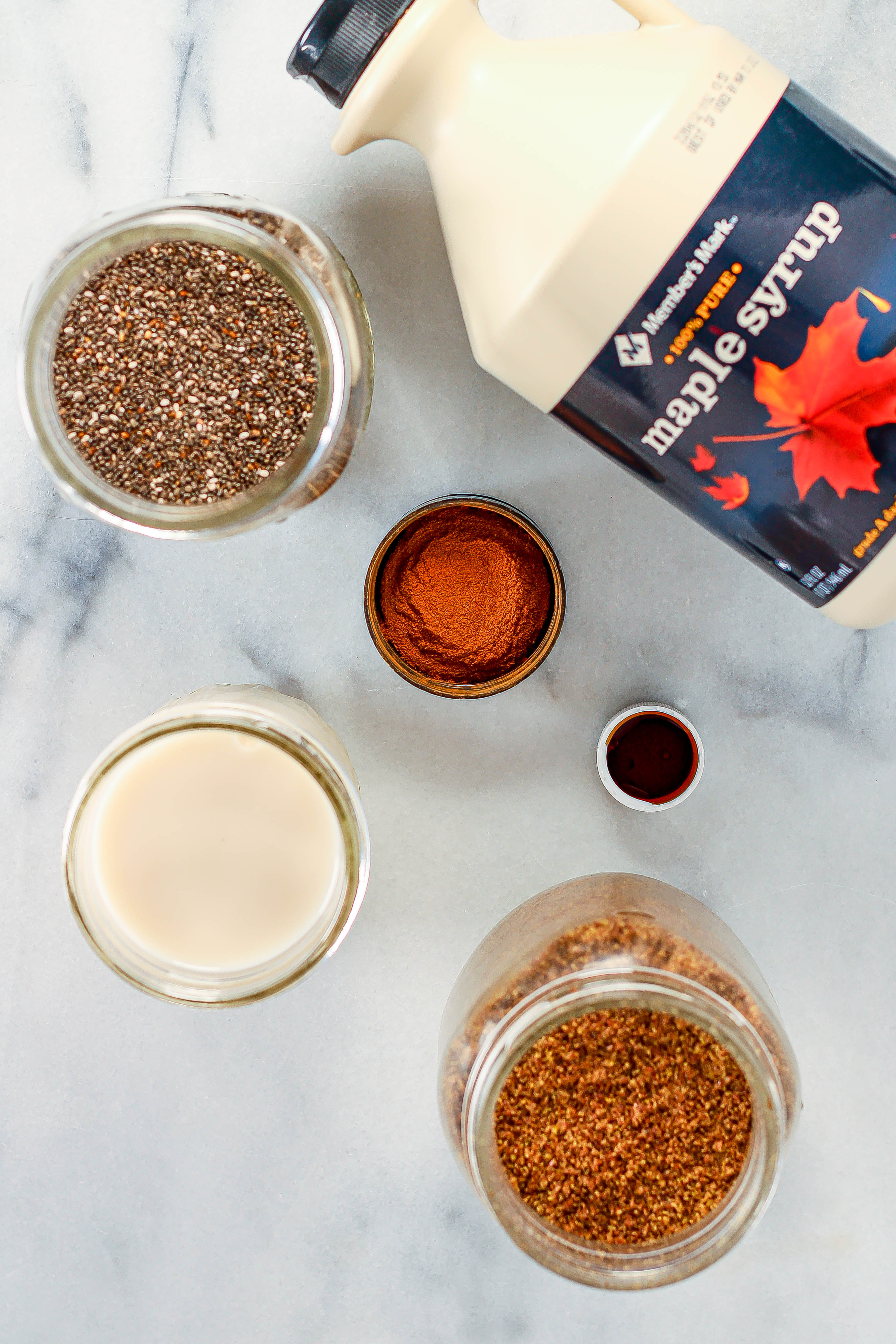ingredients to make chia and flax seed pudding