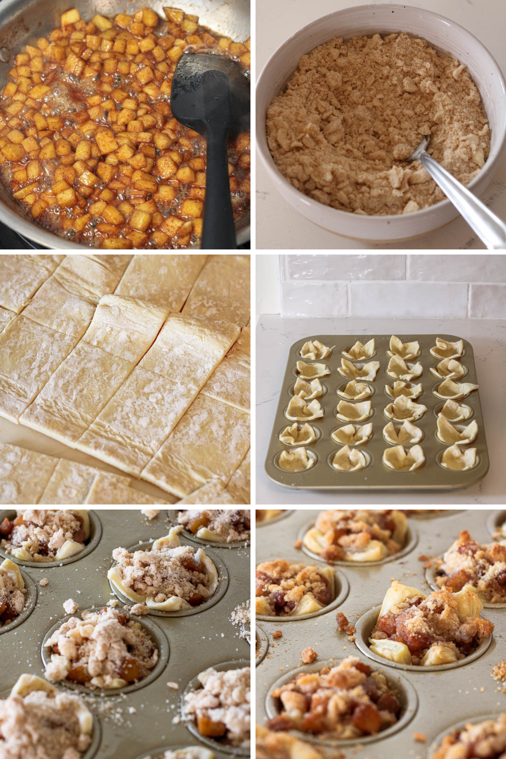 basic steps depicting how to make apple crumble tarts