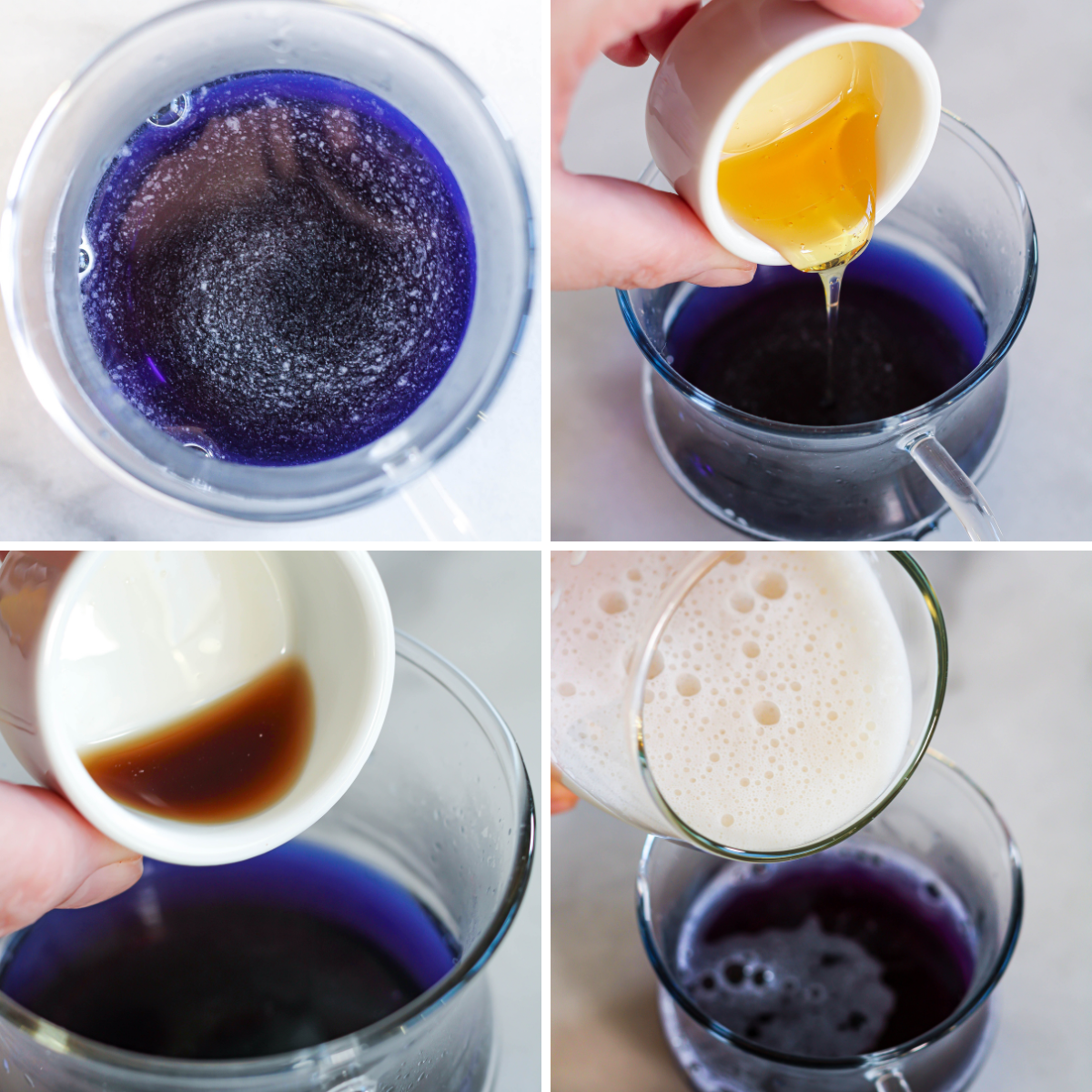 steps depicting how to make a butterfly pea latte