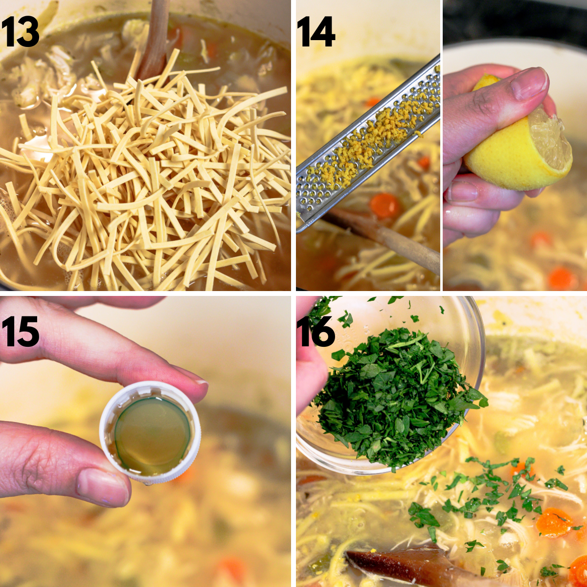 steps 13-16 to make dutch oven chicken noodle soup