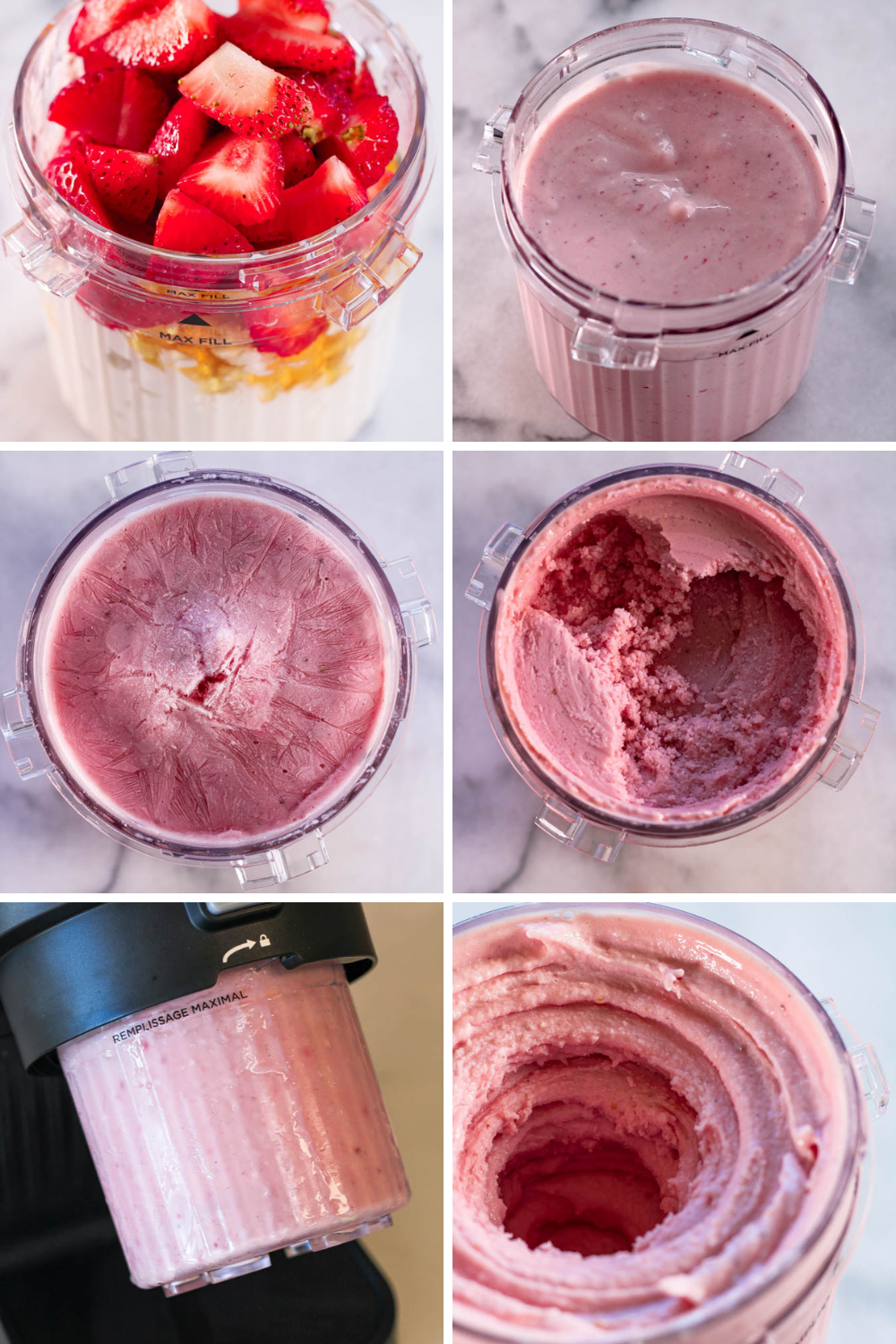steps showing how to make strawberry cottage cheese ice cream in the ninja creami