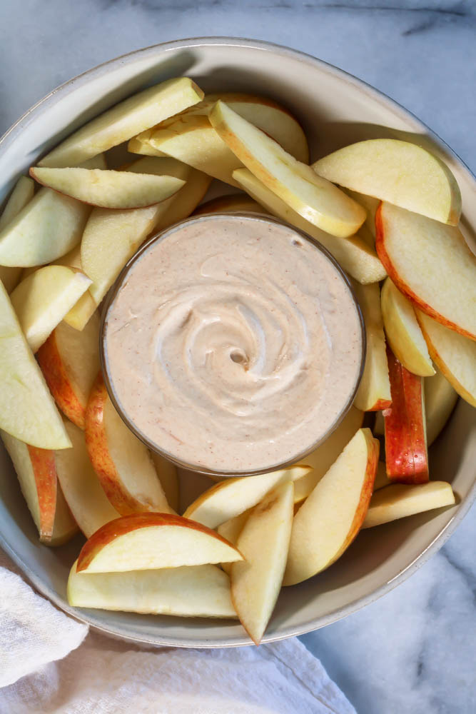 creamy peanut butter yogurt dip with apples