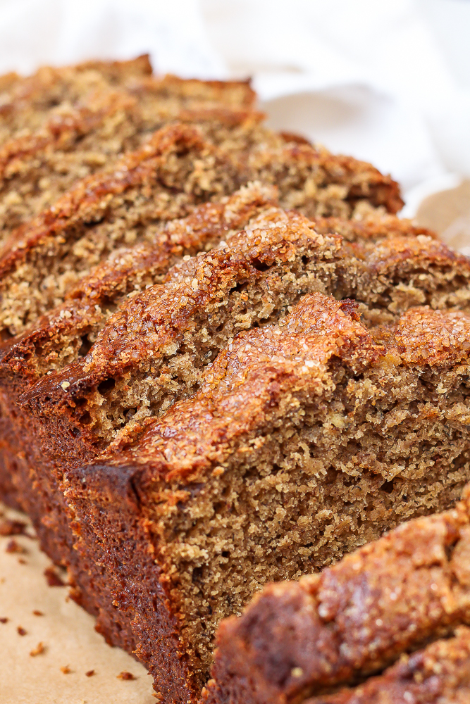 close up of slices of almond butter banana bread