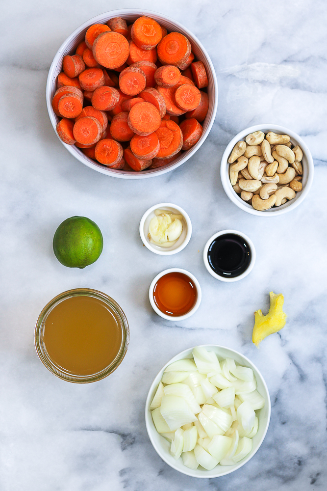 ingredients to make cashew carrot ginger soup