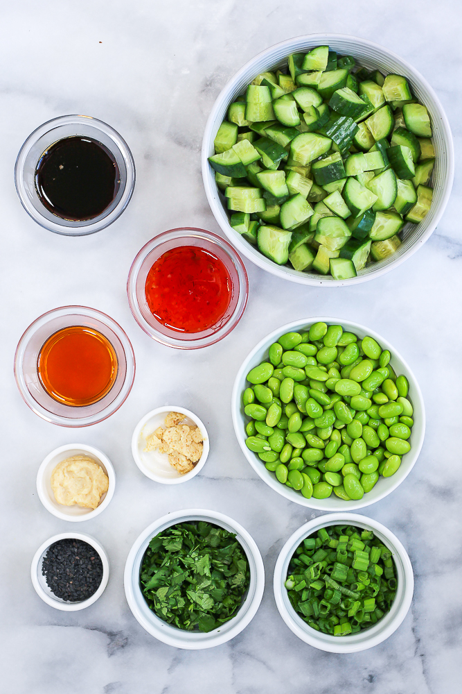 10 ingredients to make edamame cucumber salad with sweet chili sesame dressing