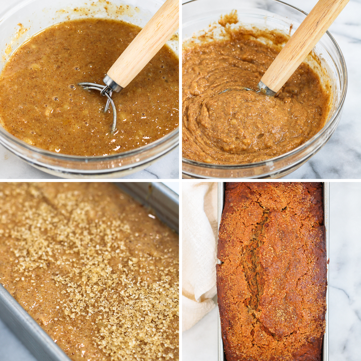 collage showing basic steps how to make almond butter banana bread