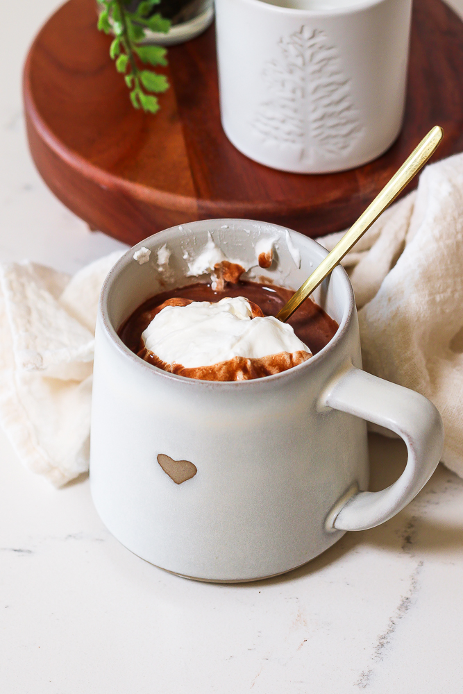 protein powder in hot chocolate in a mug with whipped cream