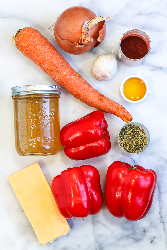 ingredients to make roasted red pepper and gouda soup