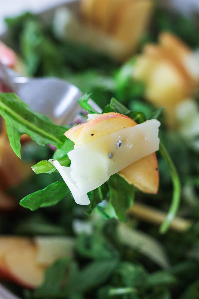 a forkful with a balanced bite of apple manchego salad