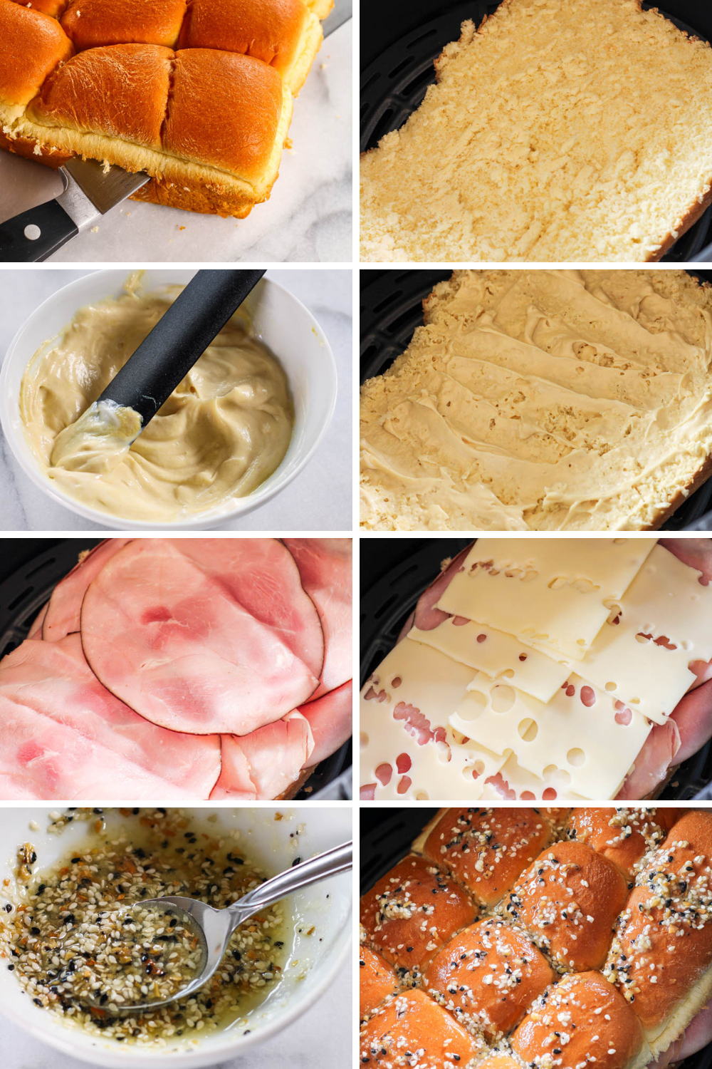 steps showing how to make air fryer ham and cheese sliders