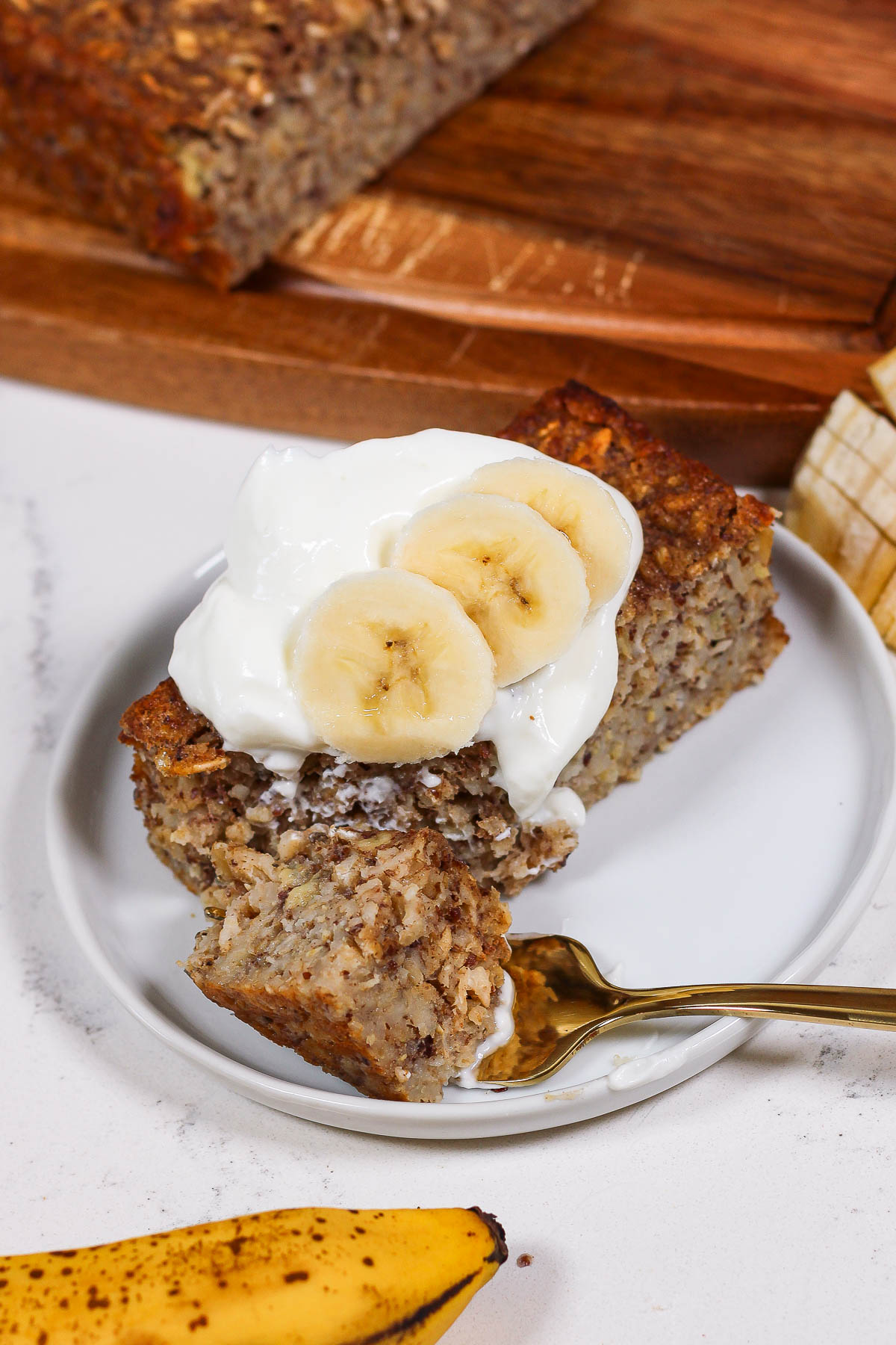 a forkful of banana bread baked oatmeal