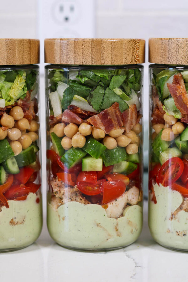 meal prep of chicken blt salad jars with avocado lime ranch dressing