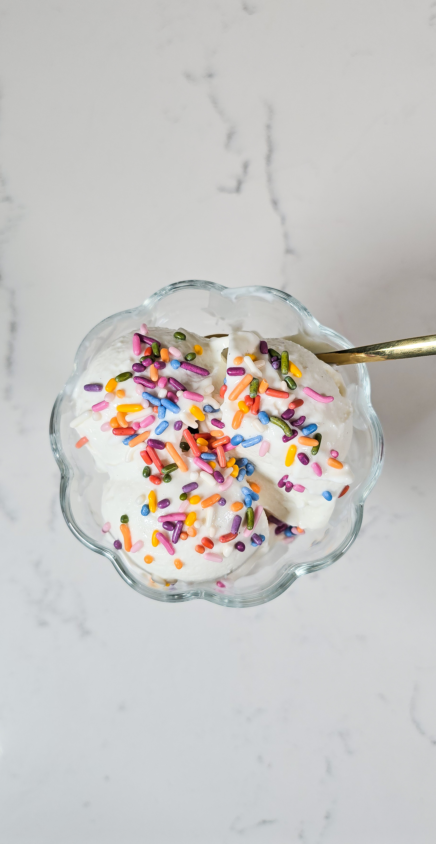 Ninja Creami Frozen Yogurt in a glass dish with sprinkles