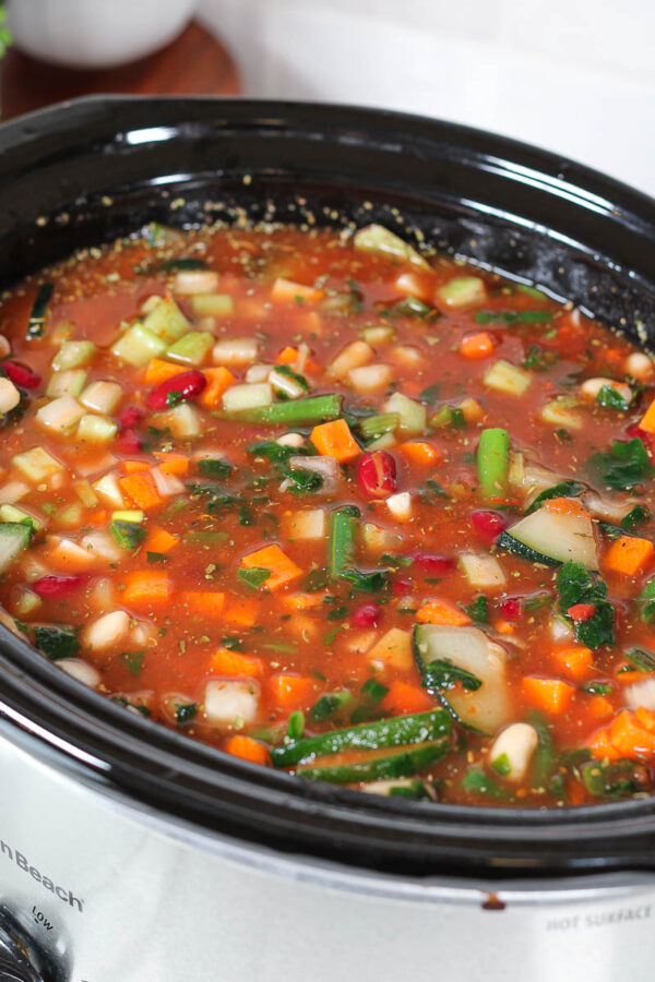 chicken minestrone soup in the slow cooker before cooking