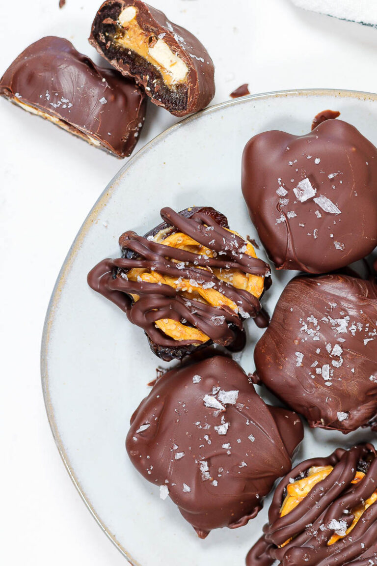 chocolate dates with pretzels, peanut butter and dipped or drizzled with chocolate and sprinkled with flaky salt