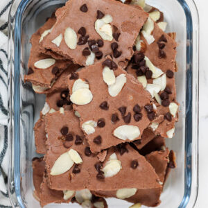 chocolate yogurt bark in a glass container