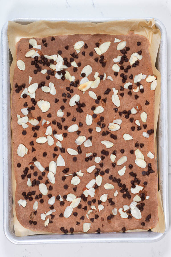 a slab of chocolate yogurt bark on a pan