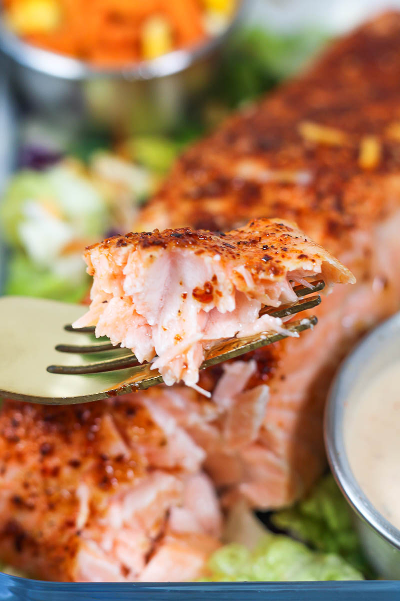 forkful of tender, flaky air fryer salmon