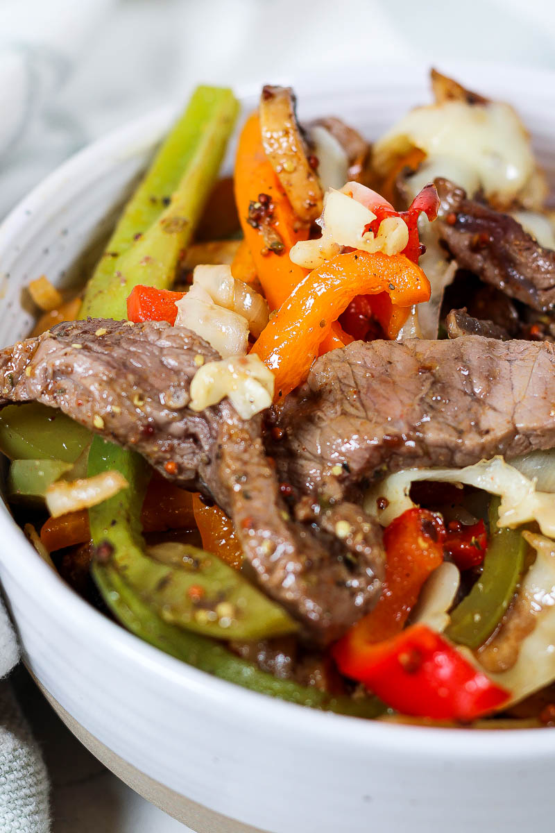 close up of philly cheesesteak bowls