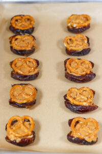 medjool dates filled with crunchy peanut butter and pretzels