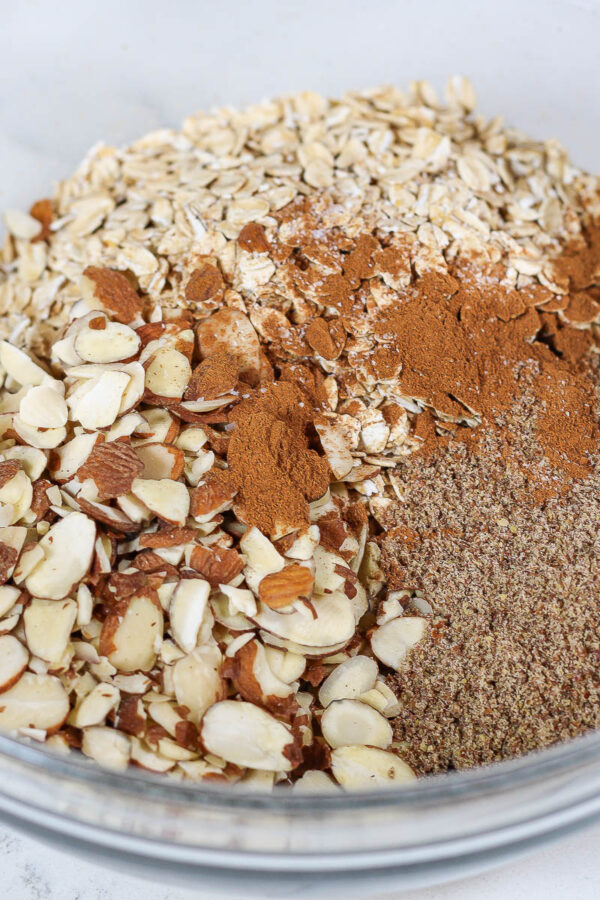 vanilla almond granola dry ingredients in a bowl