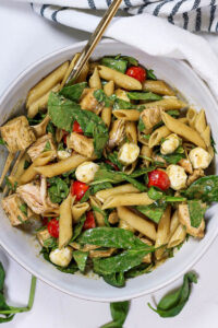 a bowl of balsamic pasta salad