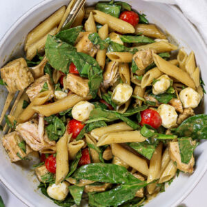 a bowl of balsamic pasta salad