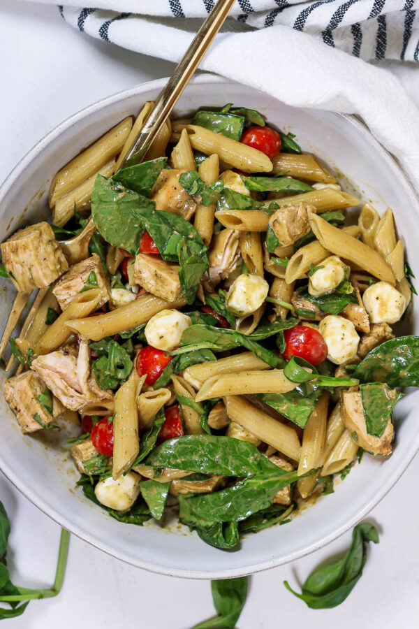 a bowl of balsamic pasta salad