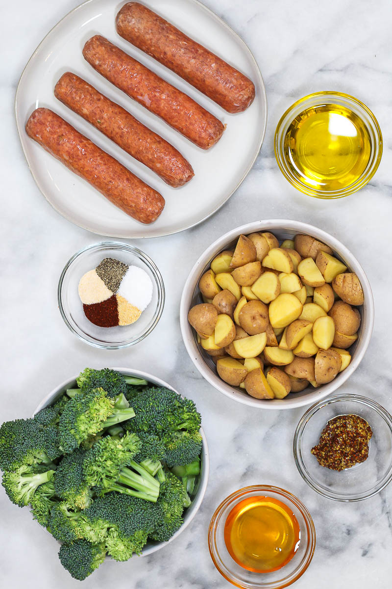 ingredients to make sheet pan honey mustard sausages