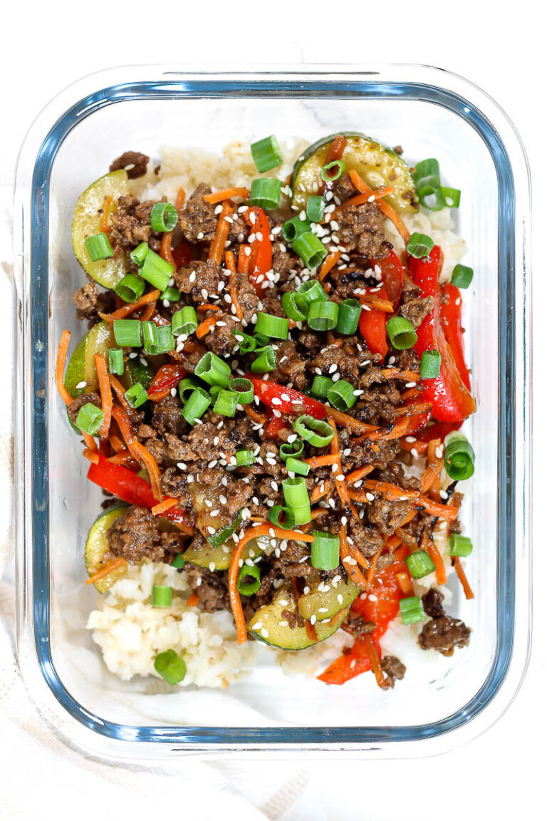 dietitian weekly meal prep round up featuring teriyaki beef bowls