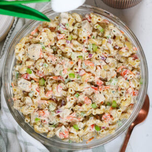 chicken macaroni pasta salad in a glass bowl