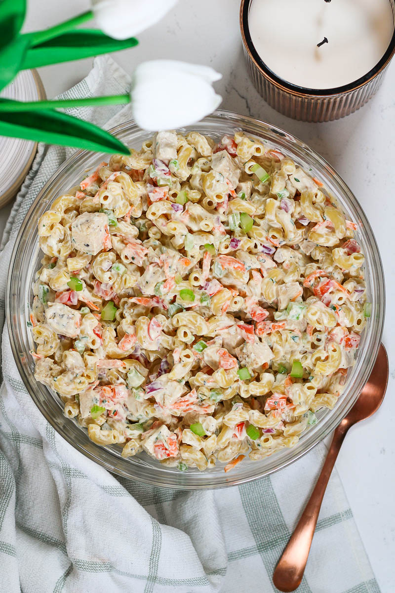 chicken macaroni pasta salad in a glass bowl