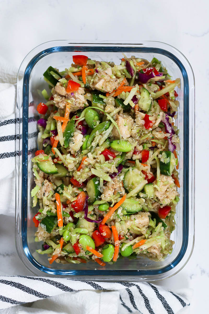edamame quinoa salad in a meal prep container