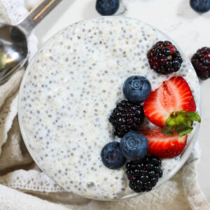 a bowl of quinoa chia pudding topped with berries