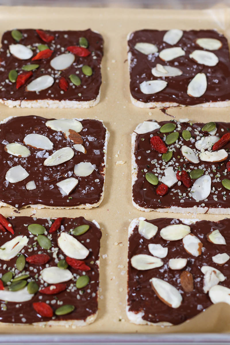 chocolate covered rice cakes with toppings