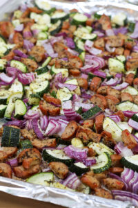 roasted zucchini, onion, and chicken sausage for zucchini pasta salad